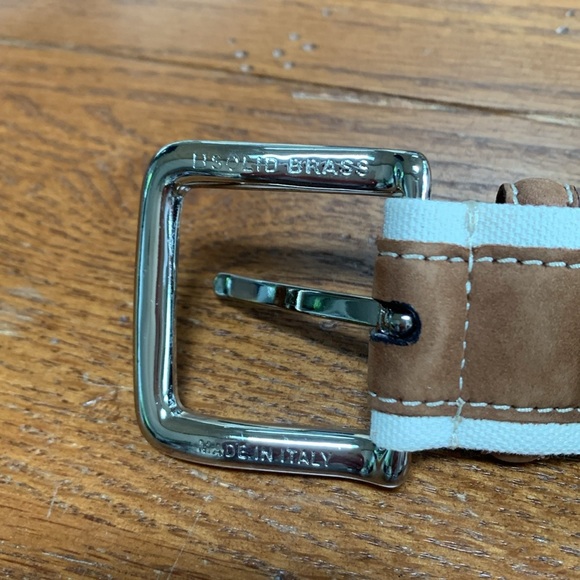 Paul & Shark Ivory Cotton and Brown Leather Belt Men’s Brass Silver Buckle 42 - Picture 4 of 12